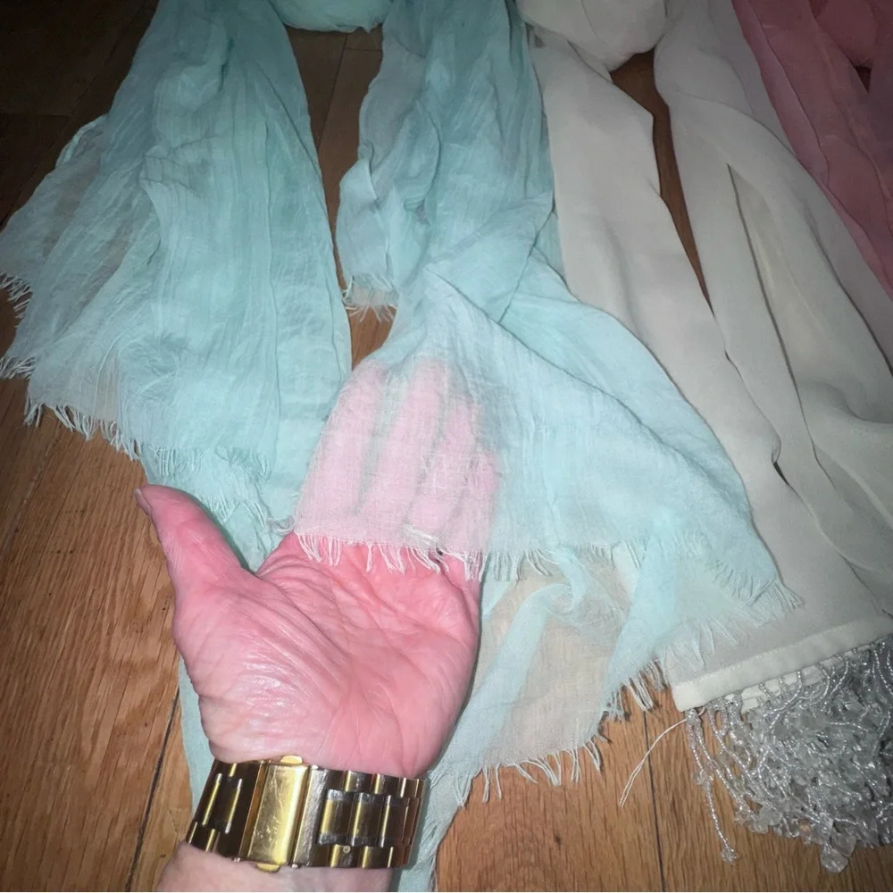 3 Elegant Shear Scarves- Lightweight Scarf Trio in Mint, Cream & Pink
